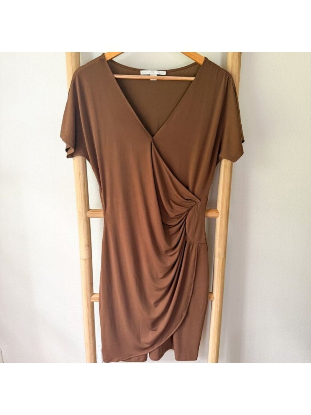 Vintage Boston Proper Brown Ruched Wrap Dress Midi Stretch Short Sleeve Size 12